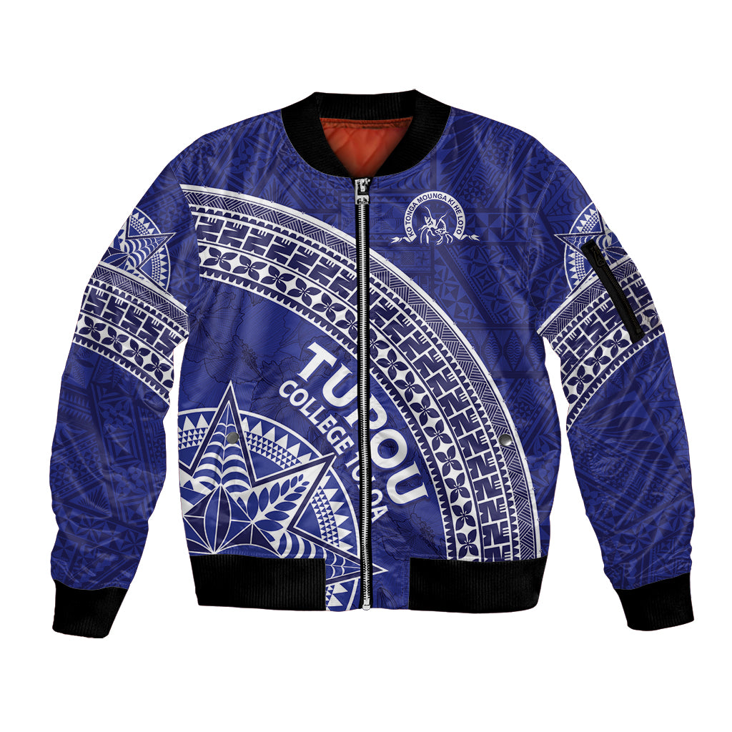 Tupou College Toloa Sleeve Zip Bomber Jacket Ngatu Tapa Mix Style LT7 Unisex Blue - Polynesian Pride