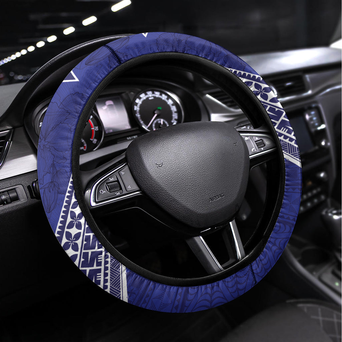 Tupou College Toloa Steering Wheel Cover Ngatu Tapa Mix Style LT7 Universal Fit Blue - Polynesian Pride