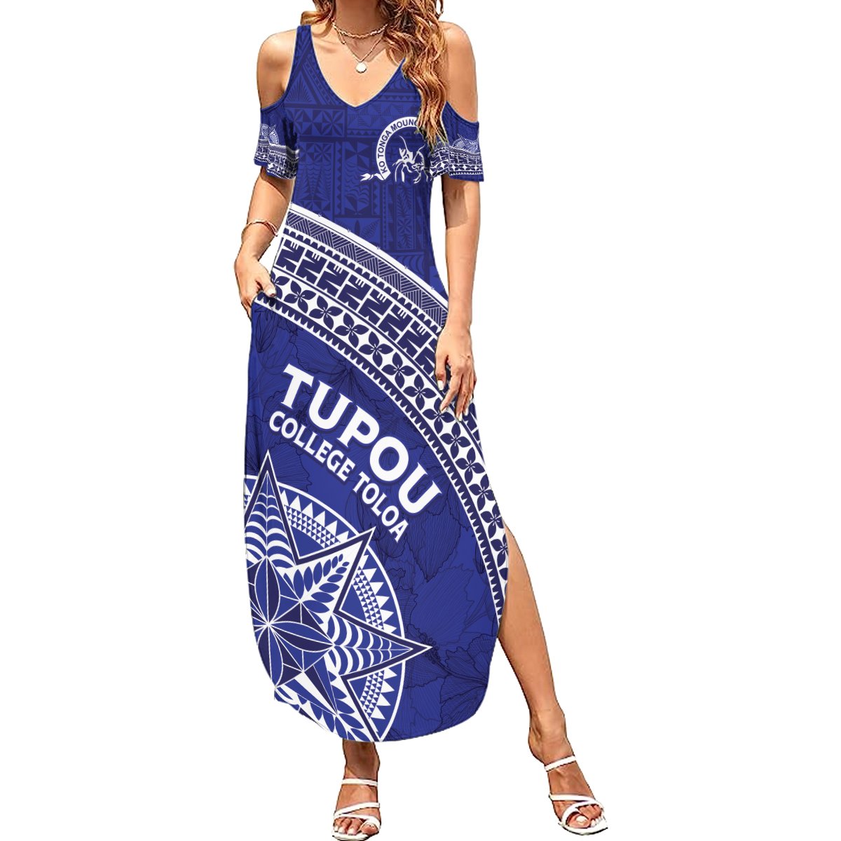 Tupou College Toloa Summer Maxi Dress Ngatu Tapa Mix Style LT7 Women Blue - Polynesian Pride