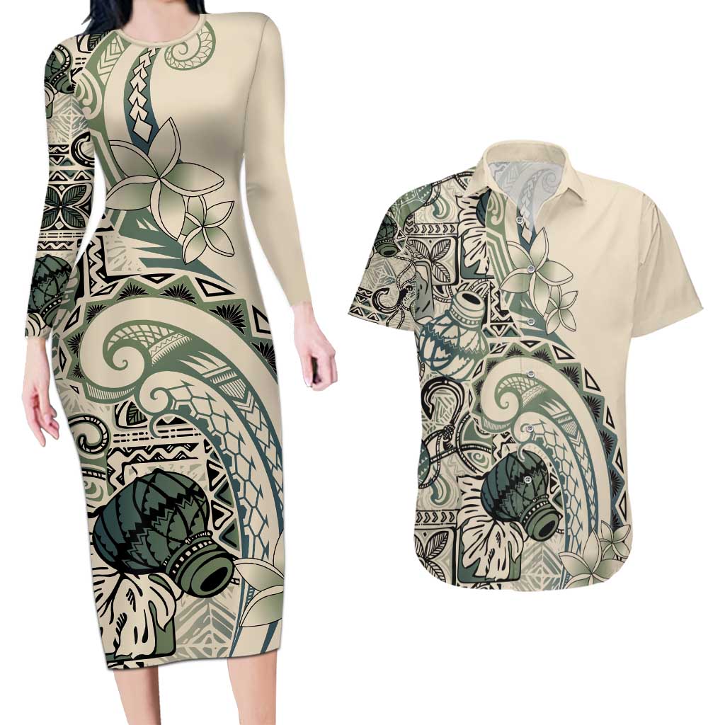 Aloha Hawaii Tapa Couples Matching Long Sleeve Bodycon Dress and Hawaiian Shirt Summer Green Hawaiian Ipu - Polynesian Pride