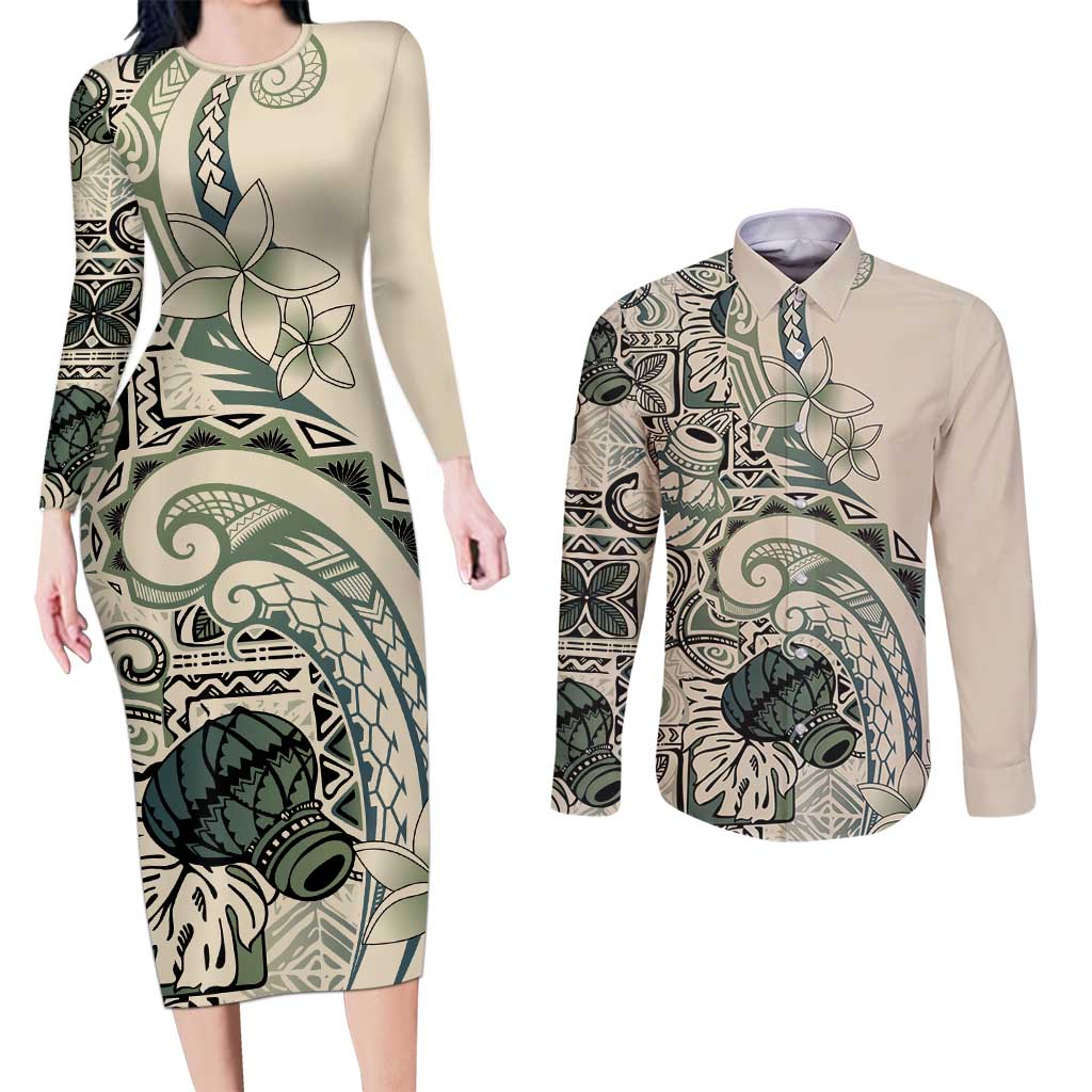 Aloha Hawaii Tapa Couples Matching Long Sleeve Bodycon Dress and Long Sleeve Button Shirt Summer Green Hawaiian Ipu - Polynesian Pride