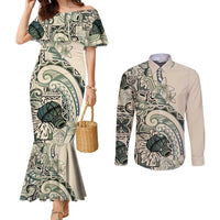 Aloha Hawaii Tapa Couples Matching Mermaid Dress and Long Sleeve Button Shirt Summer Green Hawaiian Ipu - Polynesian Pride