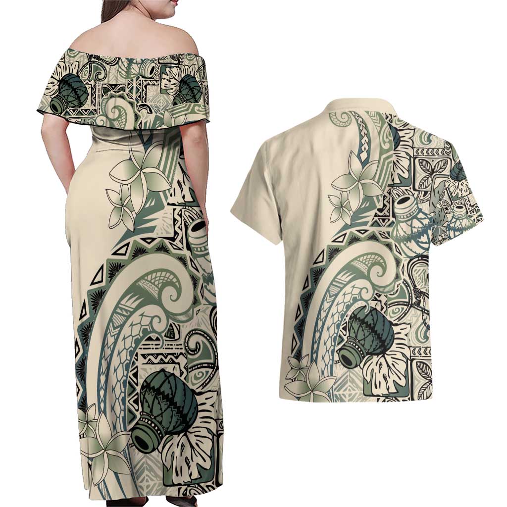 Aloha Hawaii Tapa Couples Matching Off Shoulder Maxi Dress and Hawaiian Shirt Summer Green Hawaiian Ipu - Polynesian Pride