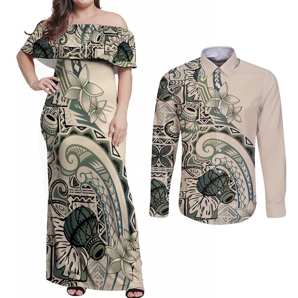 Aloha Hawaii Tapa Couples Matching Off Shoulder Maxi Dress and Long Sleeve Button Shirt Summer Green Hawaiian Ipu - Polynesian Pride