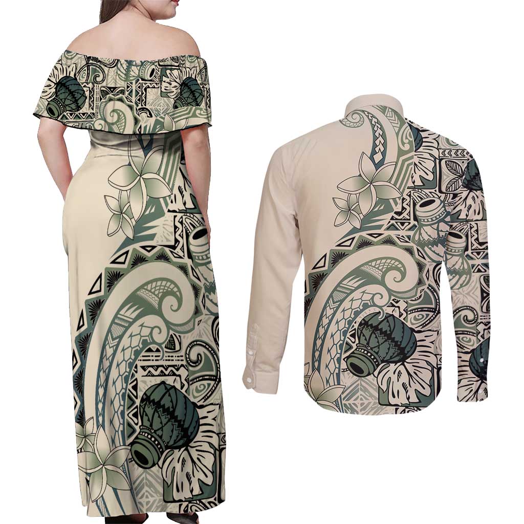 Aloha Hawaii Tapa Couples Matching Off Shoulder Maxi Dress and Long Sleeve Button Shirt Summer Green Hawaiian Ipu - Polynesian Pride