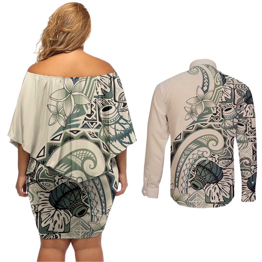 Aloha Hawaii Tapa Couples Matching Off Shoulder Short Dress and Long Sleeve Button Shirt Summer Green Hawaiian Ipu - Polynesian Pride