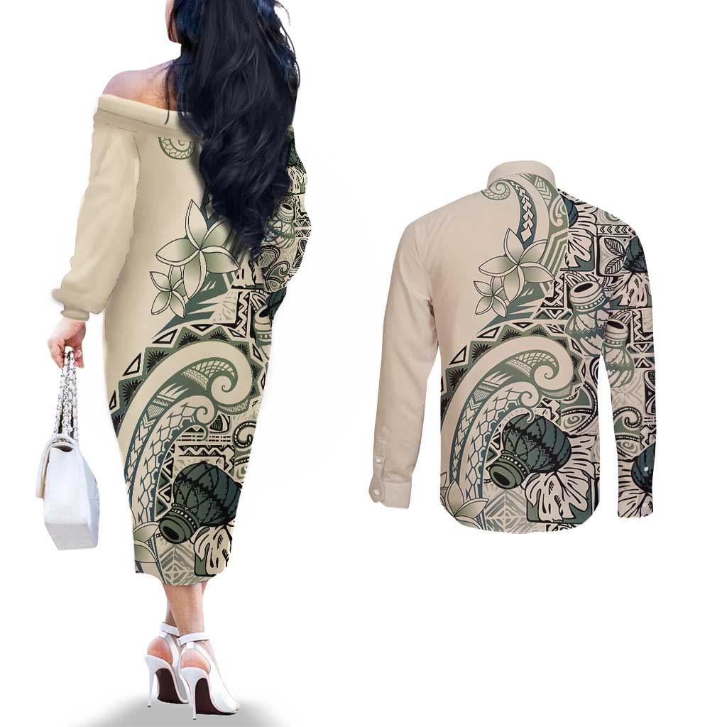 Aloha Hawaii Tapa Couples Matching Off The Shoulder Long Sleeve Dress and Long Sleeve Button Shirt Summer Green Hawaiian Ipu - Polynesian Pride