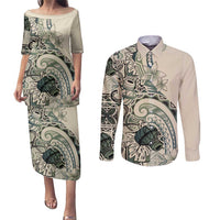 Aloha Hawaii Tapa Couples Matching Puletasi and Long Sleeve Button Shirt Summer Green Hawaiian Ipu LT7 Emerald - Polynesian Pride