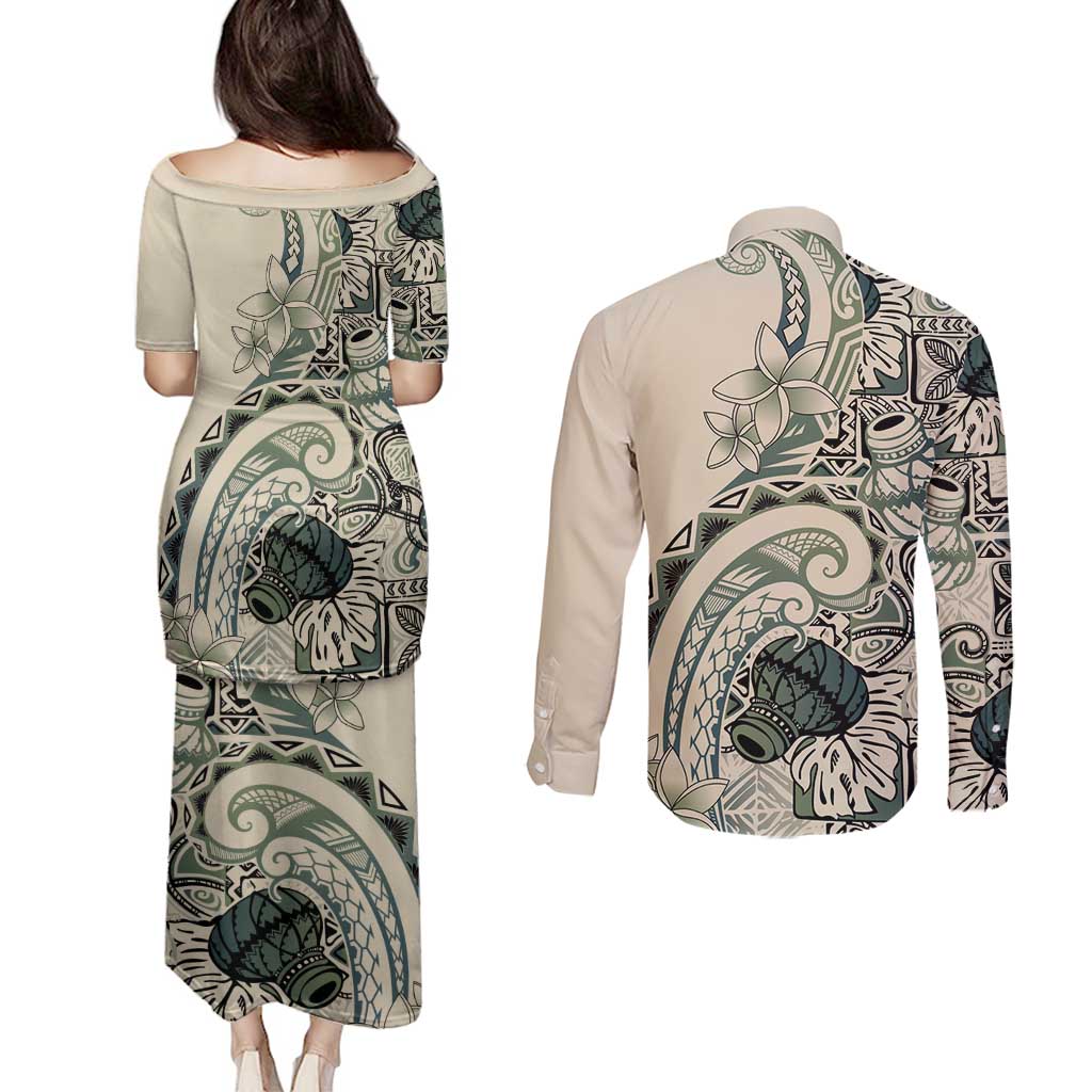 Aloha Hawaii Tapa Couples Matching Puletasi and Long Sleeve Button Shirt Summer Green Hawaiian Ipu LT7 - Polynesian Pride