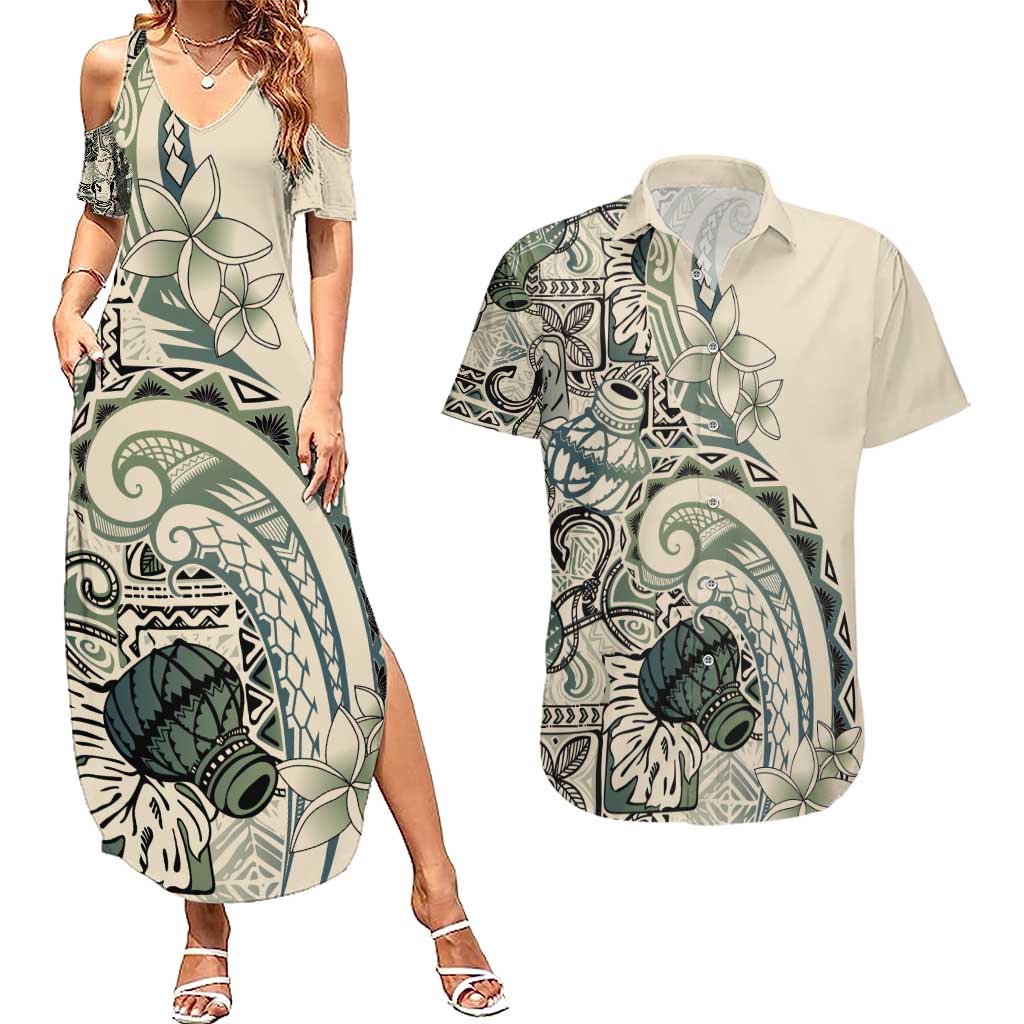 Aloha Hawaii Tapa Couples Matching Summer Maxi Dress and Hawaiian Shirt Summer Green Hawaiian Ipu - Polynesian Pride