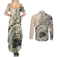 Aloha Hawaii Tapa Couples Matching Summer Maxi Dress and Long Sleeve Button Shirt Summer Green Hawaiian Ipu - Polynesian Pride