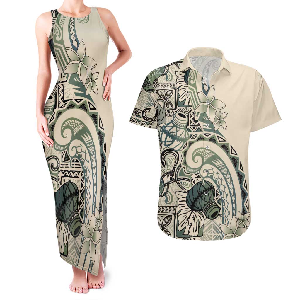 Aloha Hawaii Tapa Couples Matching Tank Maxi Dress and Hawaiian Shirt Summer Green Hawaiian Ipu - Polynesian Pride