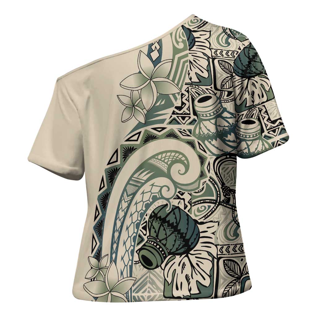 Aloha Hawaii Tapa Cross Shoulder Shirt Summer Green Hawaiian Ipu - Polynesian Pride