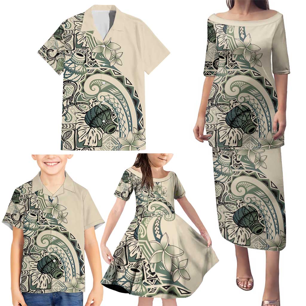 Aloha Hawaii Tapa Family Matching Puletasi and Hawaiian Shirt Summer Green Hawaiian Ipu LT7 - Polynesian Pride