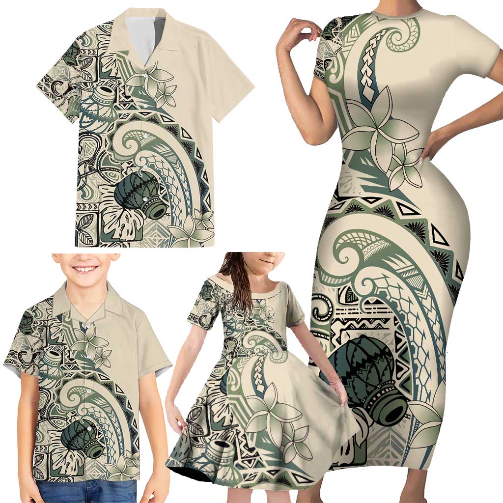 Aloha Hawaii Tapa Family Matching Short Sleeve Bodycon Dress and Hawaiian Shirt Summer Green Hawaiian Ipu - Polynesian Pride