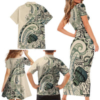 Aloha Hawaii Tapa Family Matching Short Sleeve Bodycon Dress and Hawaiian Shirt Summer Green Hawaiian Ipu - Polynesian Pride