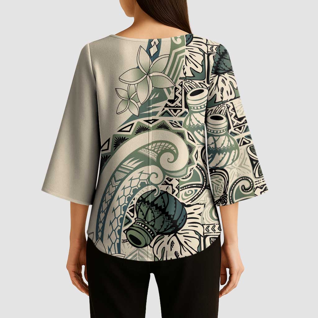 Aloha Hawaii Tapa Kimono Sleeve Blouse Summer Green Hawaiian Ipu - Polynesian Pride