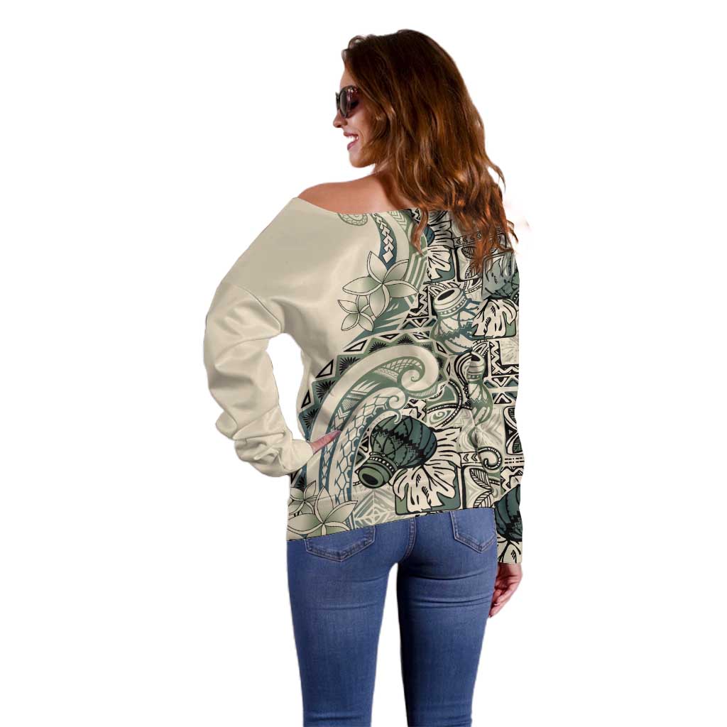 Aloha Hawaii Tapa Off Shoulder Sweater Summer Green Hawaiian Ipu - Polynesian Pride