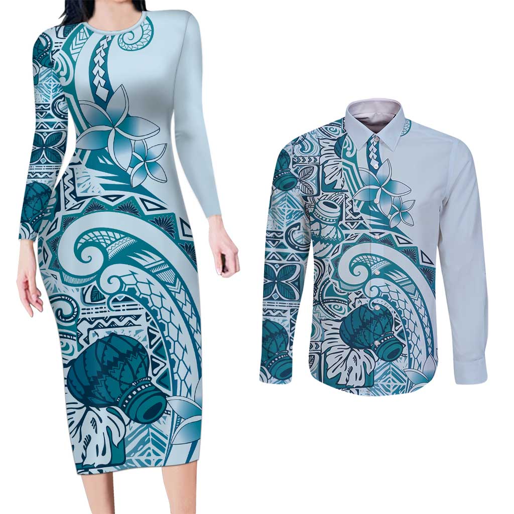 Aloha Hawaii Tapa Couples Matching Long Sleeve Bodycon Dress and Long Sleeve Button Shirt Cool Turquoise Hawaiian Ipu - Polynesian Pride