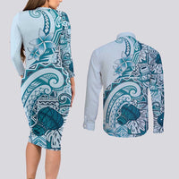 Aloha Hawaii Tapa Couples Matching Long Sleeve Bodycon Dress and Long Sleeve Button Shirt Cool Turquoise Hawaiian Ipu - Polynesian Pride