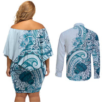 Aloha Hawaii Tapa Couples Matching Off Shoulder Short Dress and Long Sleeve Button Shirt Cool Turquoise Hawaiian Ipu - Polynesian Pride