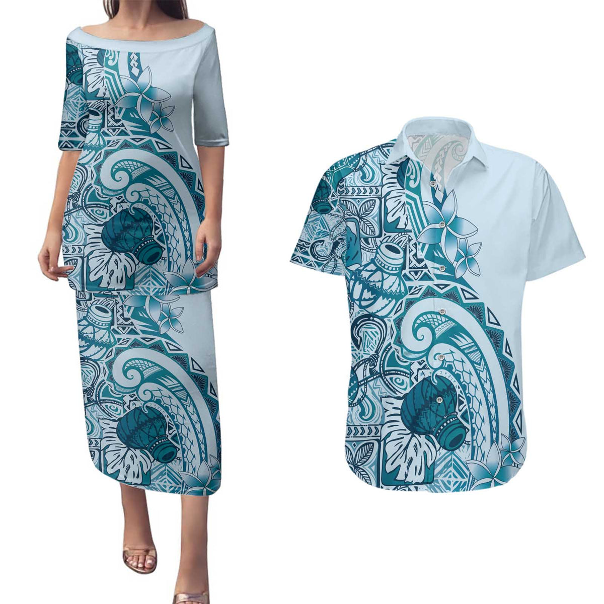 Aloha Hawaii Tapa Couples Matching Puletasi and Hawaiian Shirt Cool Turquoise Hawaiian Ipu LT7 Turquoise - Polynesian Pride