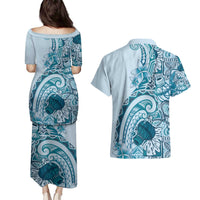 Aloha Hawaii Tapa Couples Matching Puletasi and Hawaiian Shirt Cool Turquoise Hawaiian Ipu LT7 - Polynesian Pride