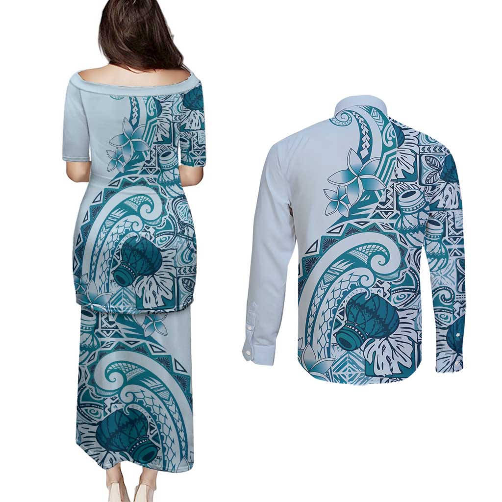 Aloha Hawaii Tapa Couples Matching Puletasi and Long Sleeve Button Shirt Cool Turquoise Hawaiian Ipu LT7 - Polynesian Pride