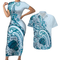 Aloha Hawaii Tapa Couples Matching Short Sleeve Bodycon Dress and Hawaiian Shirt Cool Turquoise Hawaiian Ipu - Polynesian Pride