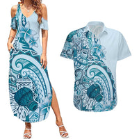 Aloha Hawaii Tapa Couples Matching Summer Maxi Dress and Hawaiian Shirt Cool Turquoise Hawaiian Ipu - Polynesian Pride