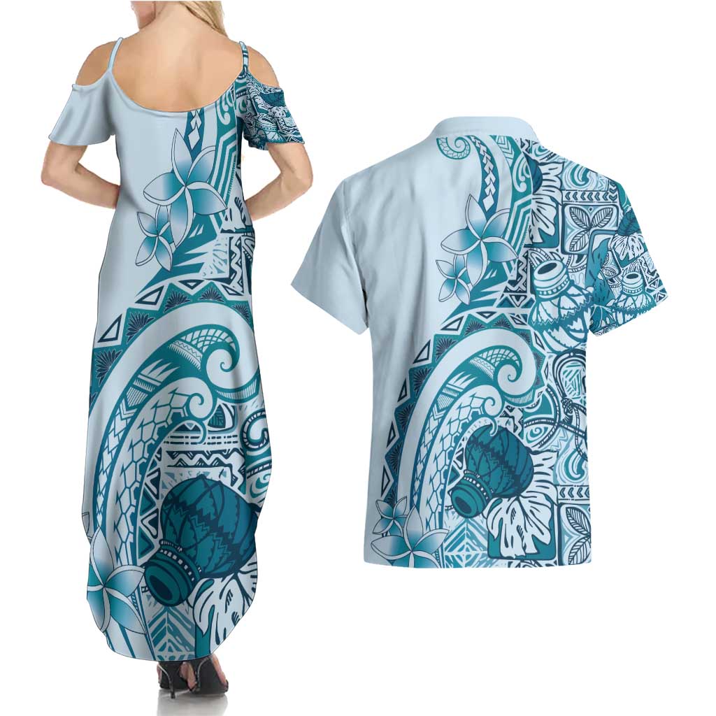 Aloha Hawaii Tapa Couples Matching Summer Maxi Dress and Hawaiian Shirt Cool Turquoise Hawaiian Ipu - Polynesian Pride