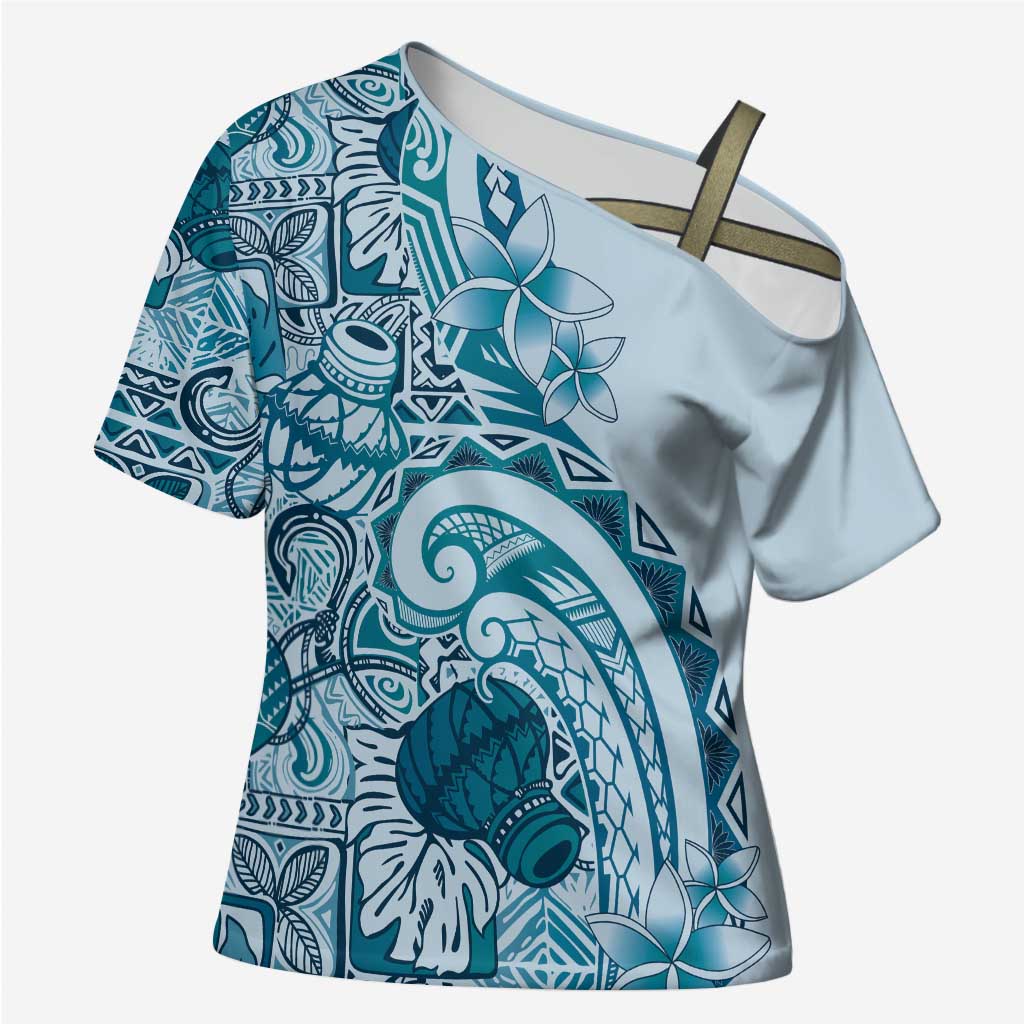 Aloha Hawaii Tapa Cross Shoulder Shirt Cool Turquoise Hawaiian Ipu - Polynesian Pride