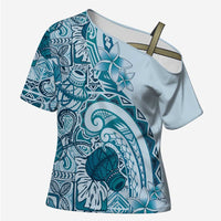 Aloha Hawaii Tapa Cross Shoulder Shirt Cool Turquoise Hawaiian Ipu - Polynesian Pride