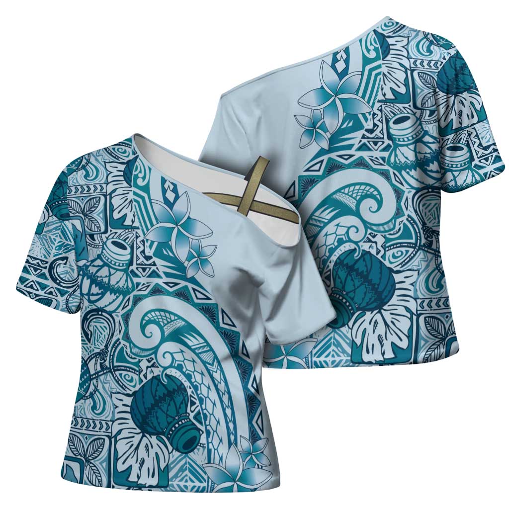 Aloha Hawaii Tapa Cross Shoulder Shirt Cool Turquoise Hawaiian Ipu - Polynesian Pride