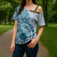 Aloha Hawaii Tapa Cross Shoulder Shirt Cool Turquoise Hawaiian Ipu - Polynesian Pride