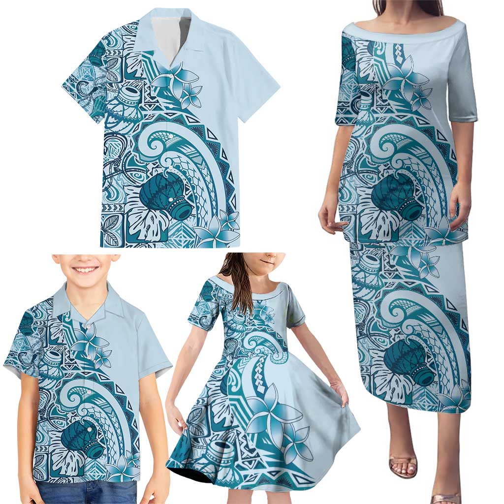 Aloha Hawaii Tapa Family Matching Puletasi and Hawaiian Shirt Cool Turquoise Hawaiian Ipu LT7 - Polynesian Pride