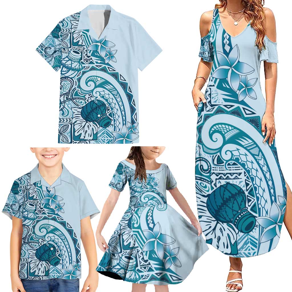 Aloha Hawaii Tapa Family Matching Summer Maxi Dress and Hawaiian Shirt Cool Turquoise Hawaiian Ipu - Polynesian Pride