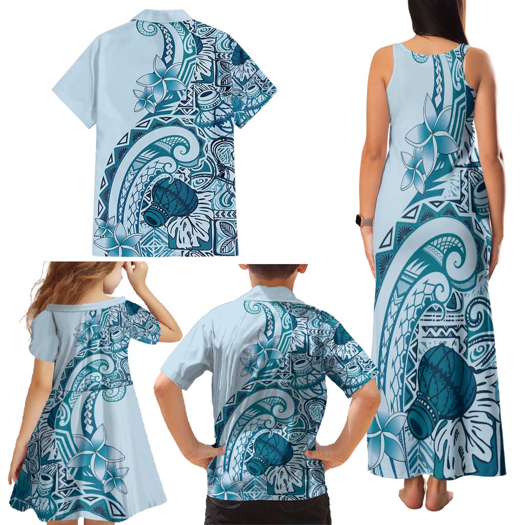 Aloha Hawaii Tapa Family Matching Tank Maxi Dress and Hawaiian Shirt Cool Turquoise Hawaiian Ipu - Polynesian Pride