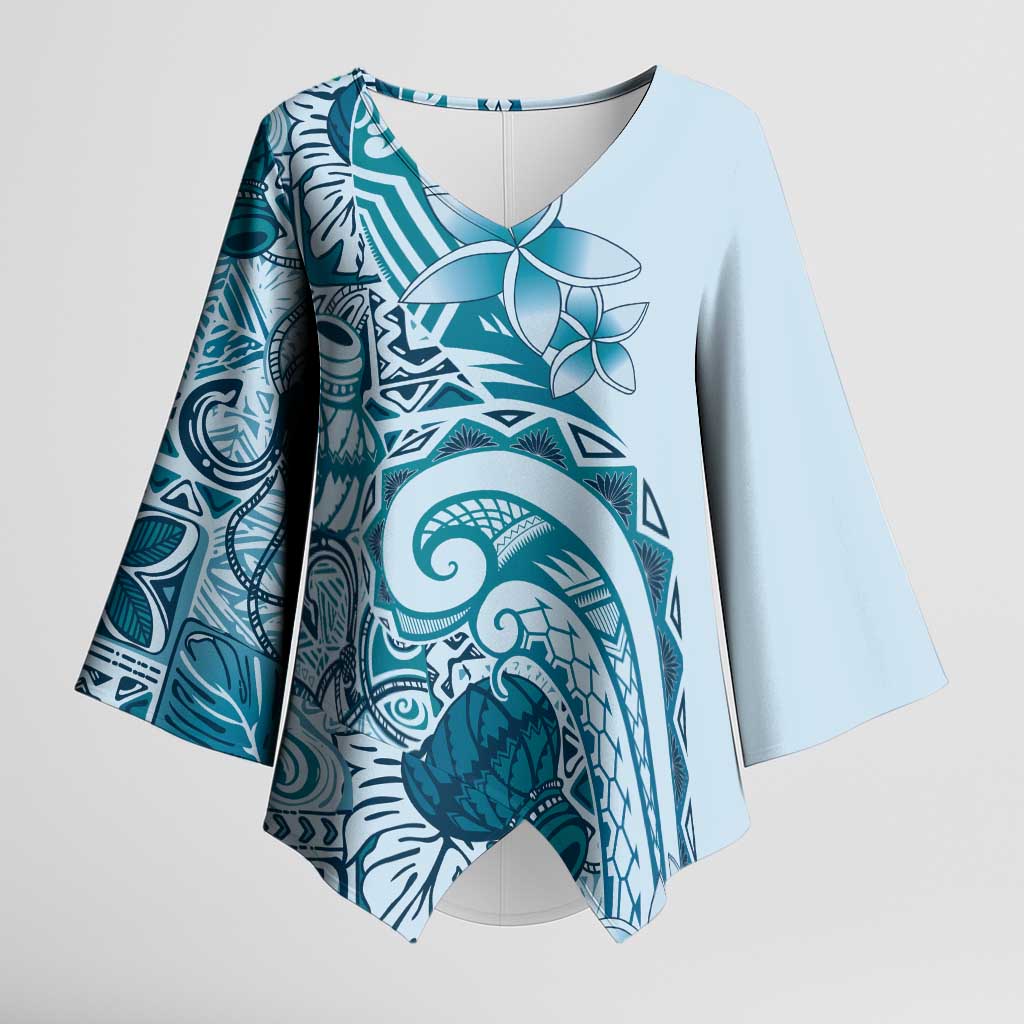 Aloha Hawaii Tapa Kimono Sleeve Blouse Cool Turquoise Hawaiian Ipu LT7 Female Turquoise - Polynesian Pride