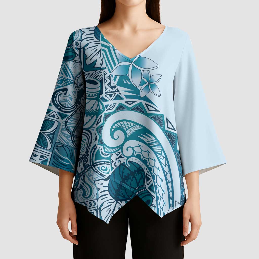Aloha Hawaii Tapa Kimono Sleeve Blouse Cool Turquoise Hawaiian Ipu LT7 - Polynesian Pride