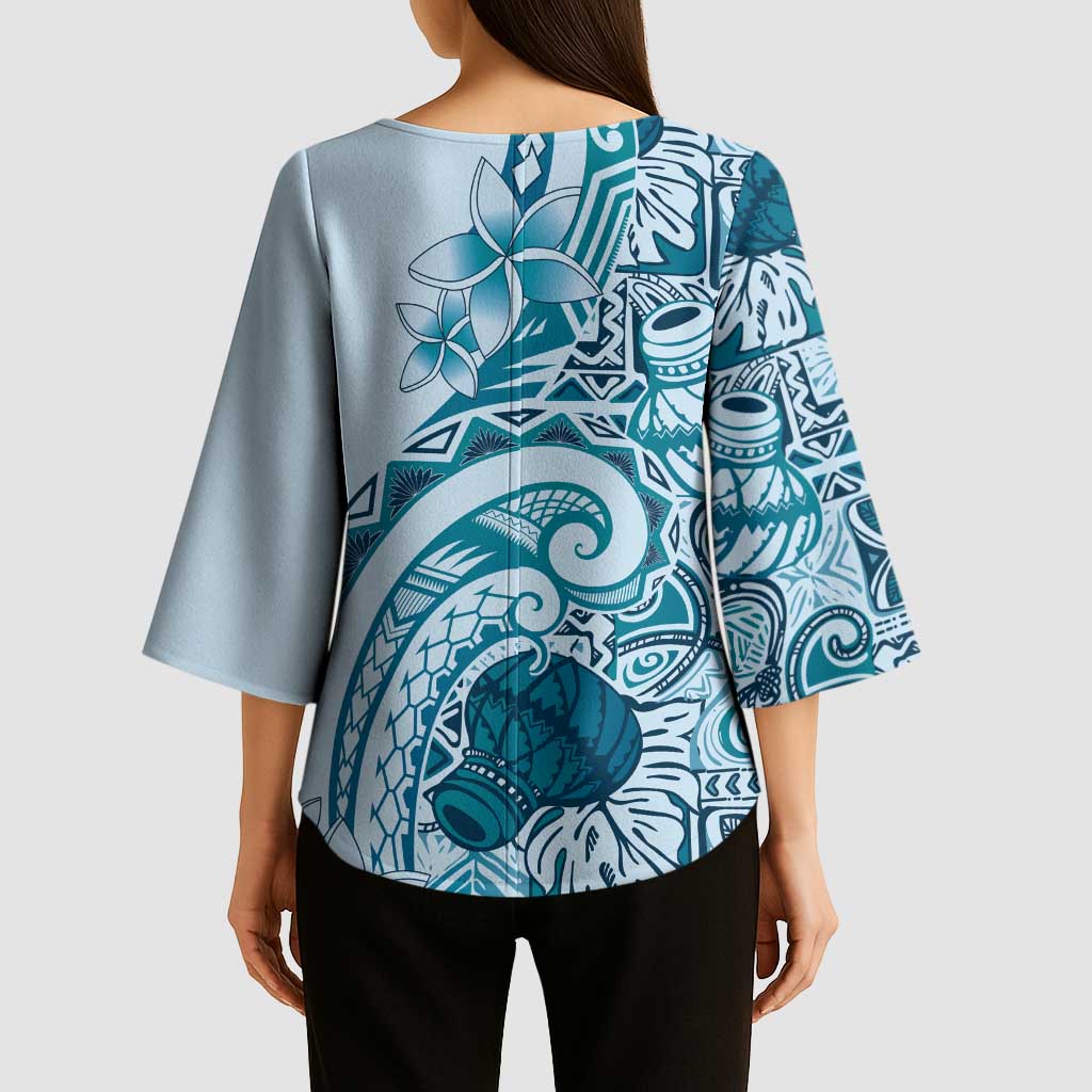 Aloha Hawaii Tapa Kimono Sleeve Blouse Cool Turquoise Hawaiian Ipu LT7 - Polynesian Pride