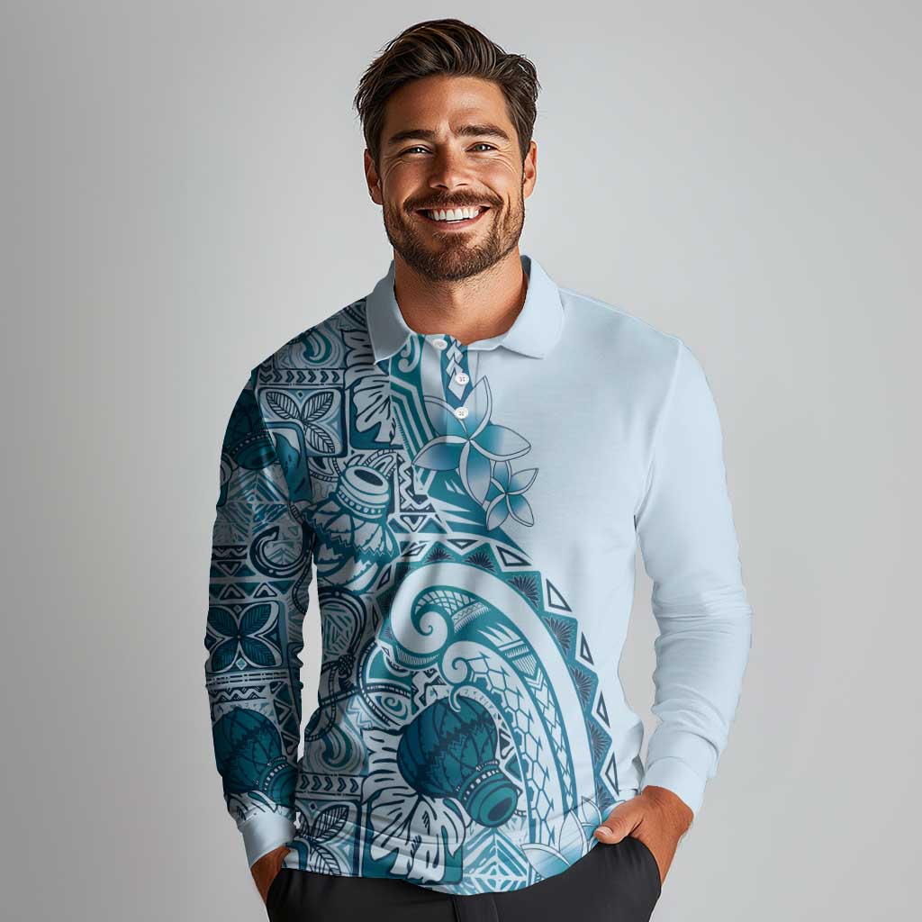 Aloha Hawaii Tapa Long Sleeve Polo Shirt Cool Turquoise Hawaiian Ipu LT7 - Polynesian Pride