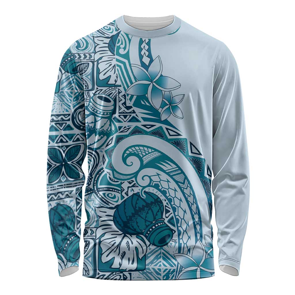 Aloha Hawaii Tapa Long Sleeve Shirt Cool Turquoise Hawaiian Ipu LT7 Unisex Turquoise - Polynesian Pride