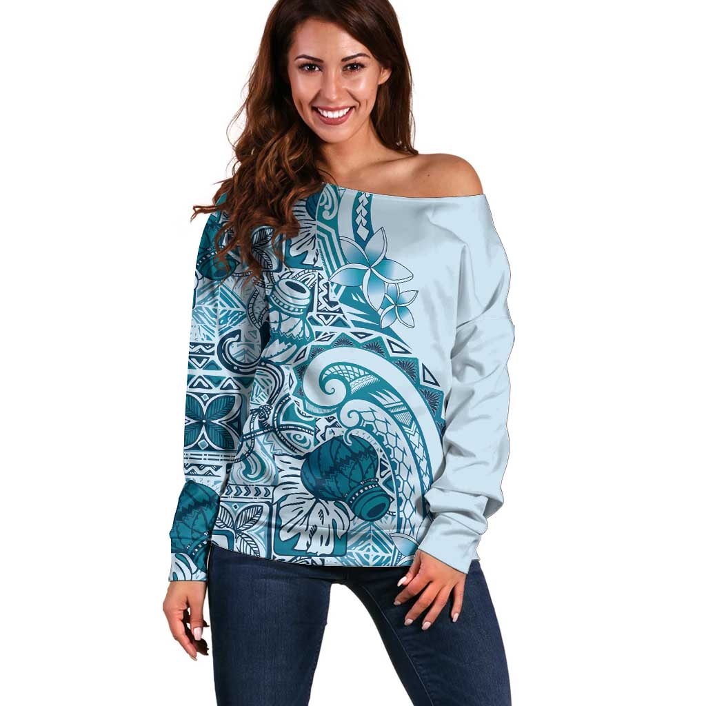 Aloha Hawaii Tapa Off Shoulder Sweater Cool Turquoise Hawaiian Ipu - Polynesian Pride