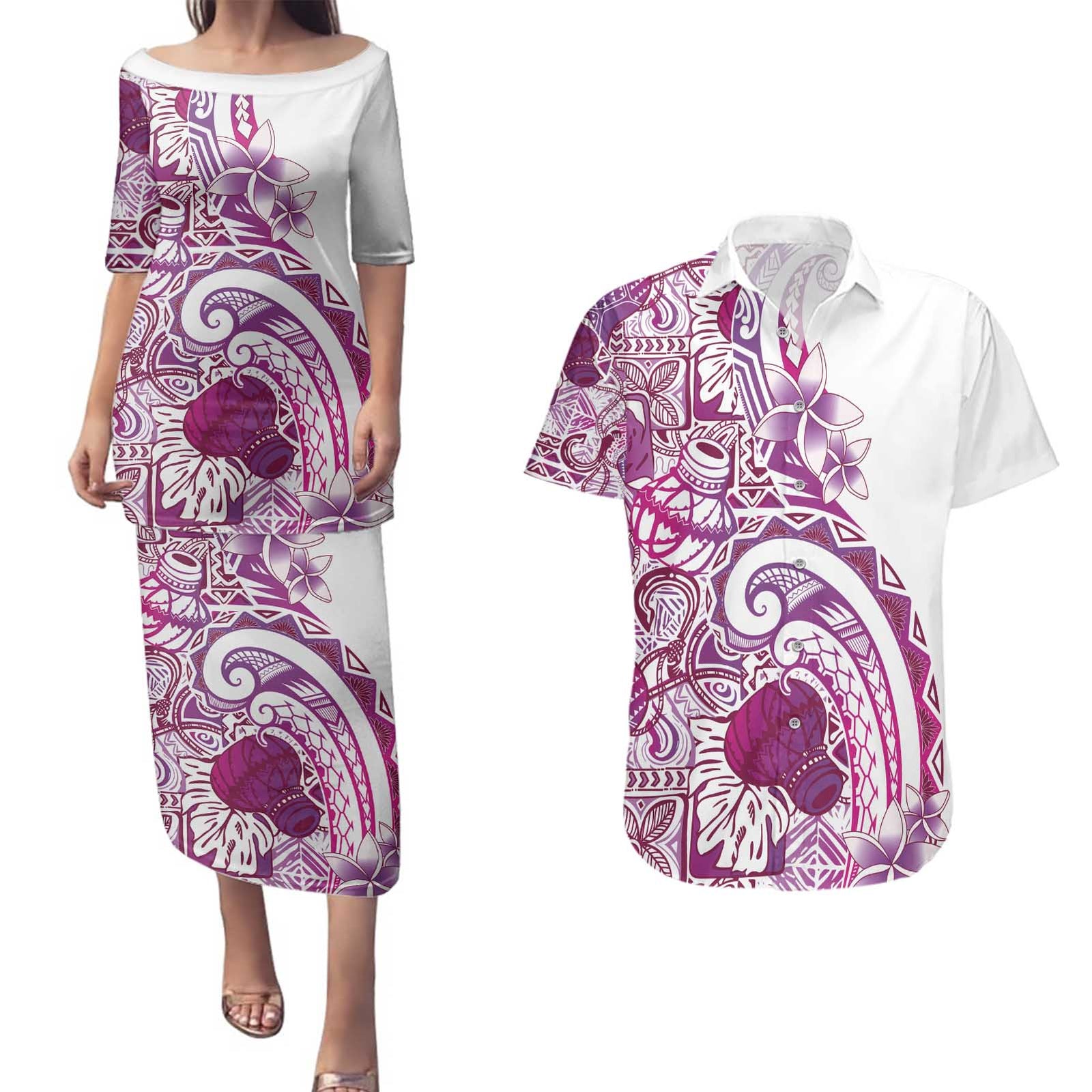 Aloha Hawaii Tapa Couples Matching Puletasi and Hawaiian Shirt Vibrant Fuchsia Hawaiian Ipu LT7 Fuchsia - Polynesian Pride