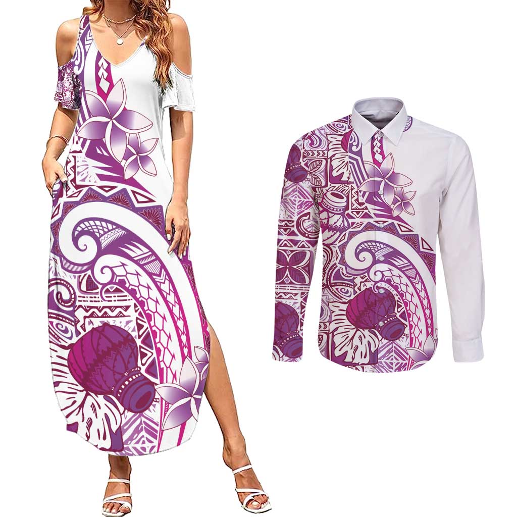 Aloha Hawaii Tapa Couples Matching Summer Maxi Dress and Long Sleeve Button Shirt Vibrant Fuchsia Hawaiian Ipu - Polynesian Pride