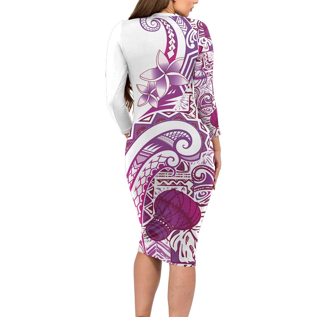 Aloha Hawaii Tapa Family Matching Long Sleeve Bodycon Dress and Hawaiian Shirt Vibrant Fuchsia Hawaiian Ipu - Polynesian Pride