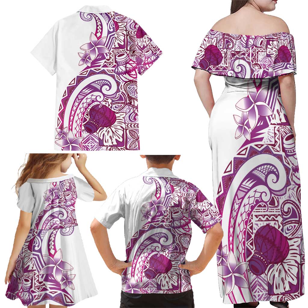 Aloha Hawaii Tapa Family Matching Off Shoulder Maxi Dress and Hawaiian Shirt Vibrant Fuchsia Hawaiian Ipu - Polynesian Pride