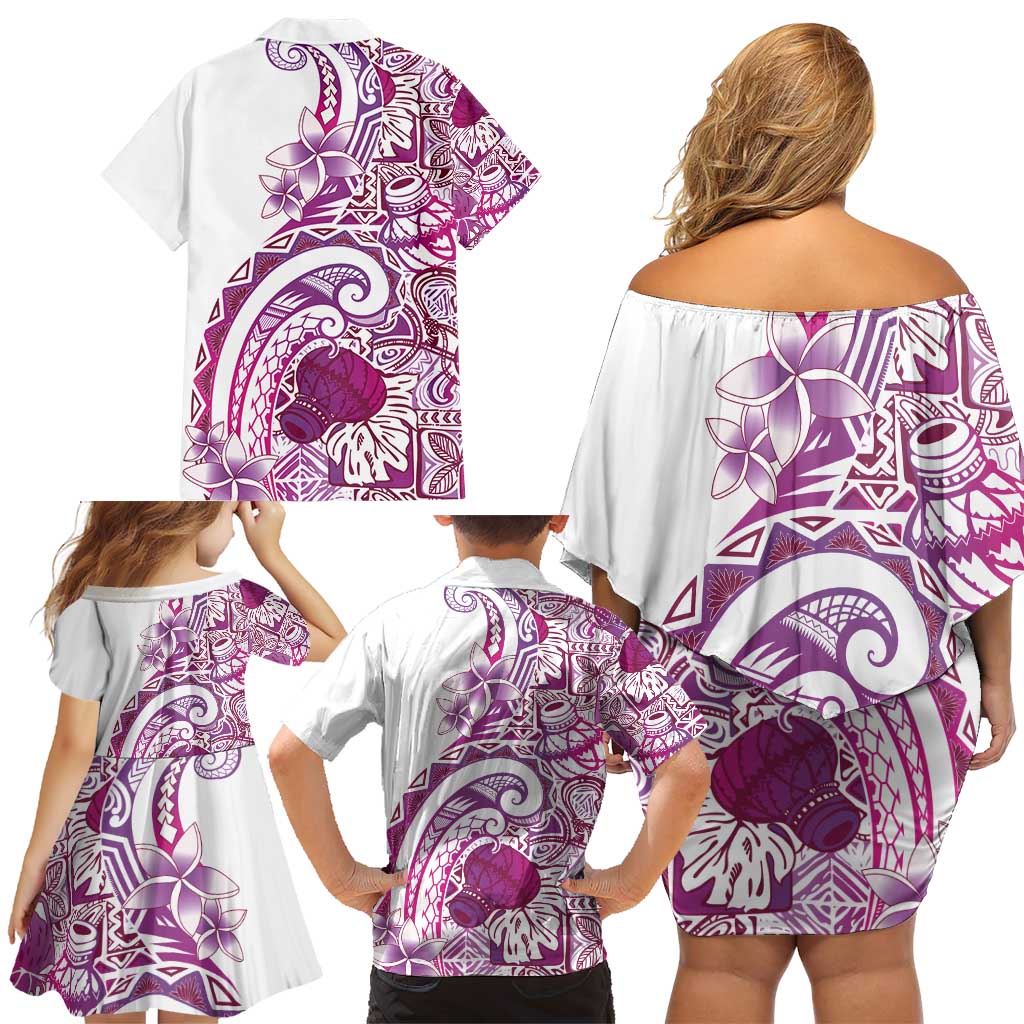 Aloha Hawaii Tapa Family Matching Off Shoulder Short Dress and Hawaiian Shirt Vibrant Fuchsia Hawaiian Ipu - Polynesian Pride