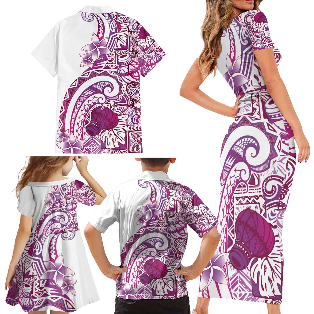 Aloha Hawaii Tapa Family Matching Short Sleeve Bodycon Dress and Hawaiian Shirt Vibrant Fuchsia Hawaiian Ipu - Polynesian Pride